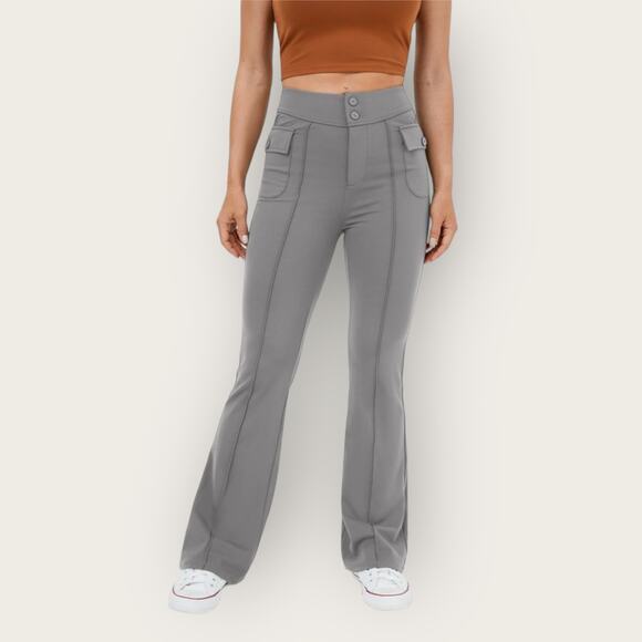 Halara High Waisted Flare Cargo Pants Small Gray Button Pocket Retro Minimalist - Picture 2 of 10